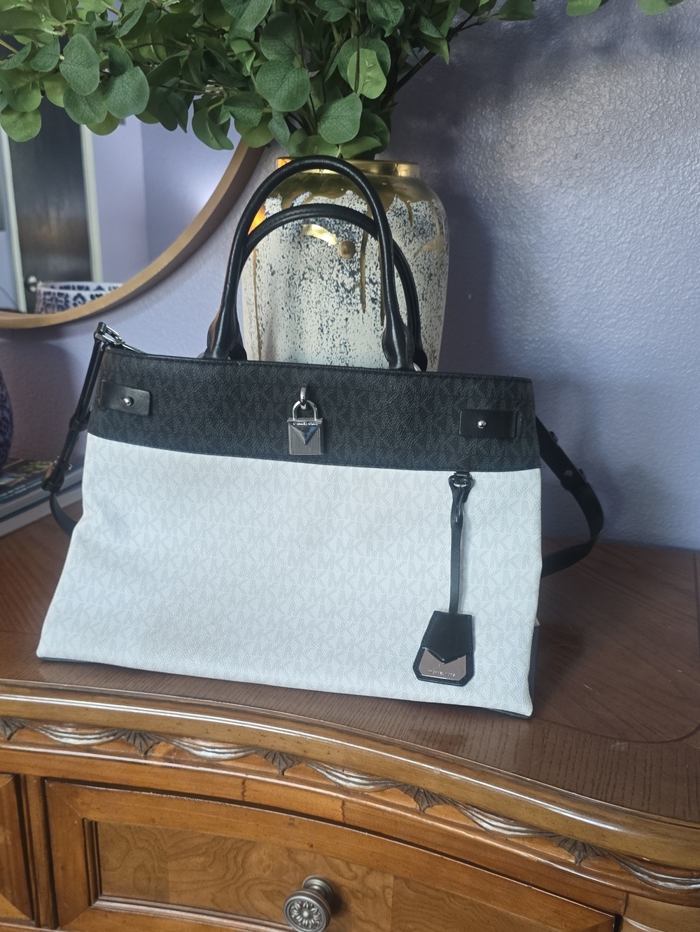 Michael Kors Black and White Logo Satchel with Lock Accent